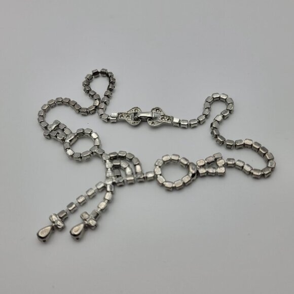 Vintage 50s 60s Rhinestone Bow Tennis Necklace 15" Silver Tone Clear Crystal - Picture 7 of 10